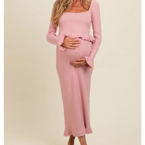MATERNITY Pink Blush Maternity Pink Ruffle Hem Knit Top And Midi Skirt SMALL - Picture 2 of 5